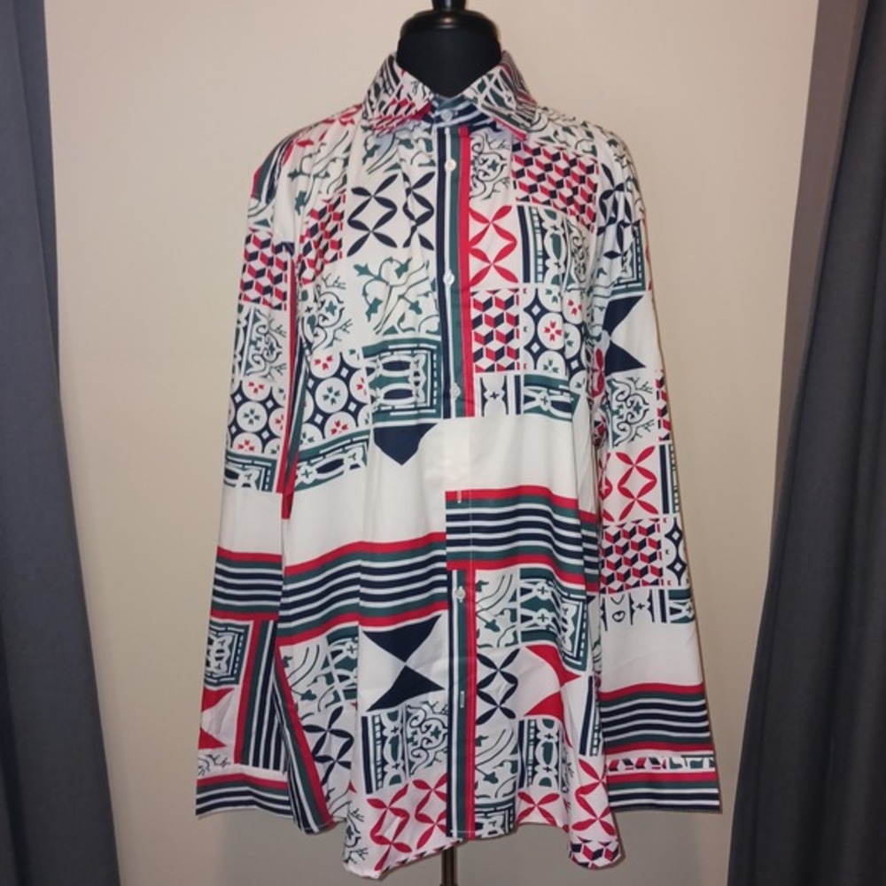 OrderPlus 3XL Long Sleeve Button Down Shirt Blouse Tunic Top Patchwork Geo Print